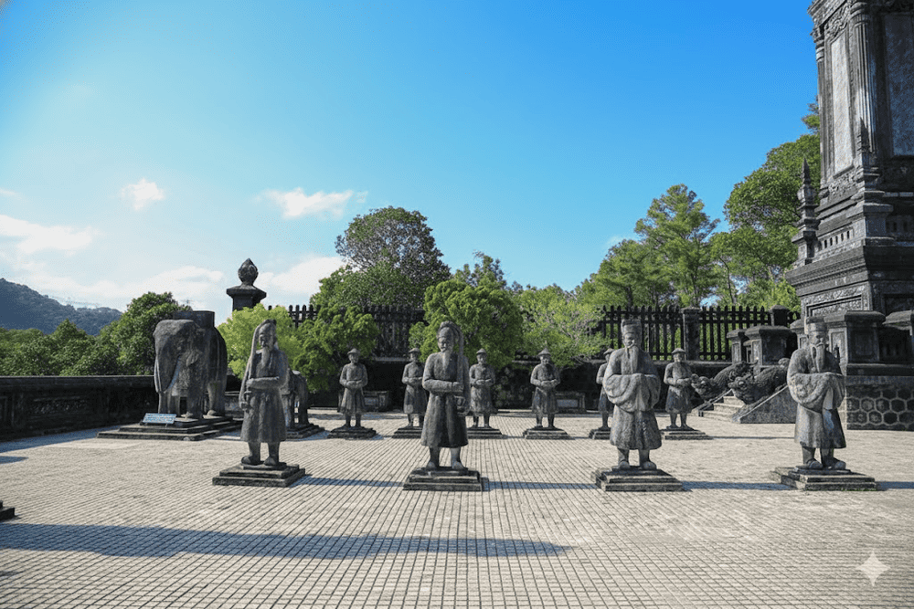 These statues symbolize the emperor's royal entourage and add to the solemn atmosphere of the site
